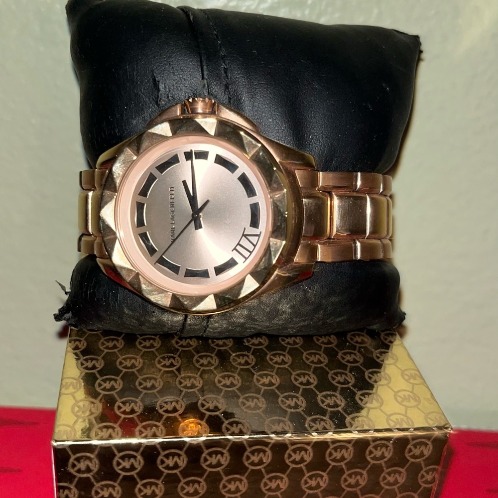 Karl Lagerfeld Rose Gold Women’s Link Bracelet Watch with Studded Bezel